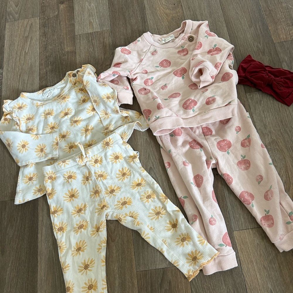 2 Organic Baby Sets with Apple + Sunflower Prints 12 mo Bundle